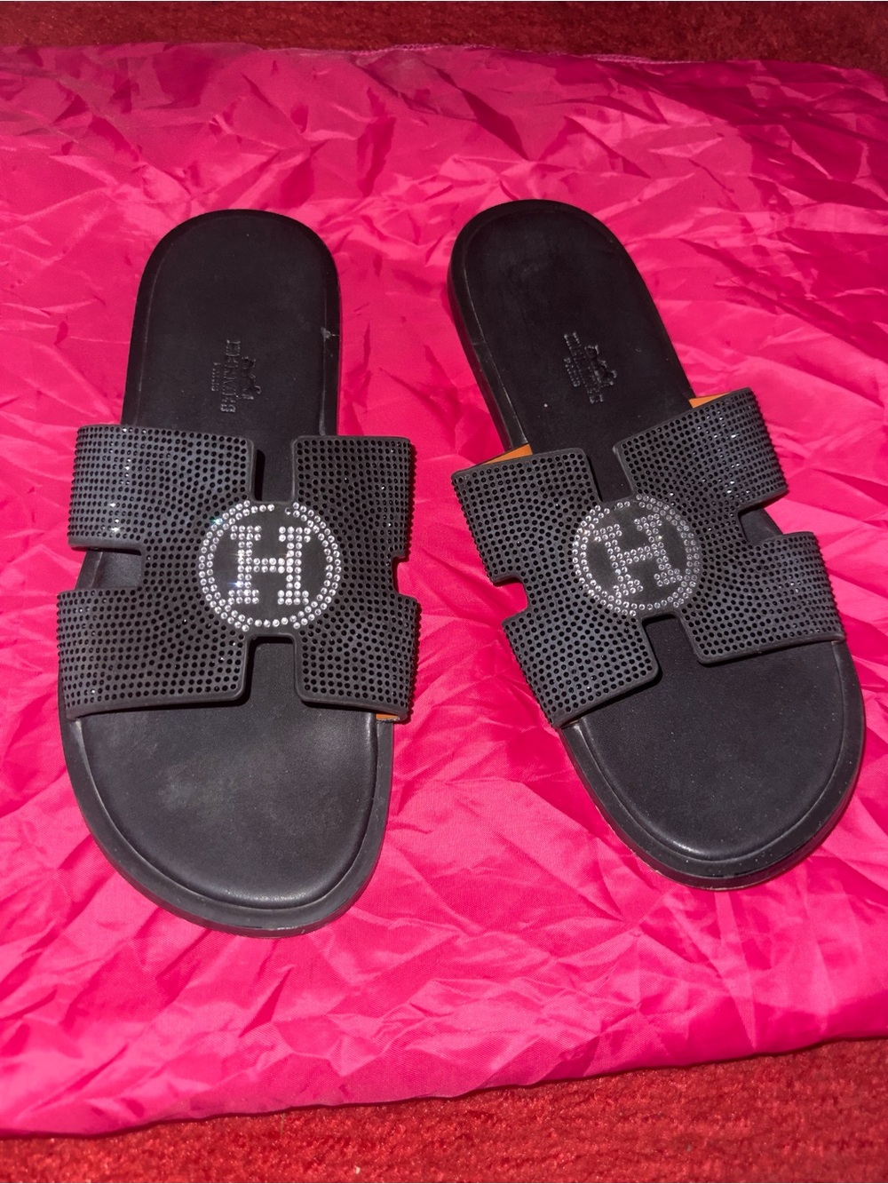 Black Rhinestone Logo Slide Sandals